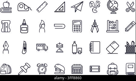 Set di icone lineari vettoriali di materiale scolastico con libri, cancelleria, zaino, globo, calcolatrice, righello, forbici ed elementi di apprendimento. Illustrazione Vettoriale