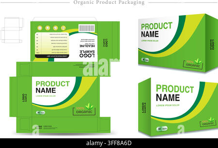 Set di modelli vettoriali per packaging di prodotti biologici con scatole di branding verdi, layout naturale, linea di fustellatura e concetti di prodotti sani. Illustrazione Vettoriale