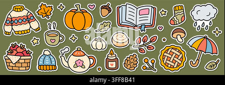 Set di adesivi autunnali. Maglione, zucca, foglia d'acero, tazza da tè, libro, ombrello, candela e torta illustrazione vettoriale carina di doodle. Clipart stagionali e accoglienti per Illustrazione Vettoriale