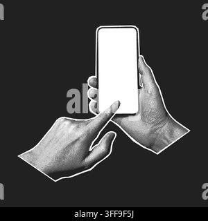 Due mani tengono uno smartphone con uno schermo vuoto mentre un dito lo tocca, vista frontale su uno sfondo scuro, illustrazione pop art mezzotono, tecnologia mobile Illustrazione Vettoriale