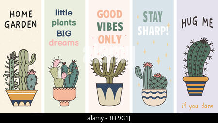 Design di segnalibri con diversi cactus e iscrizioni motivazionali. Diversi succulenti in vasi decorativi. Piante fiorite con fiori, vettore Illustrazione Vettoriale