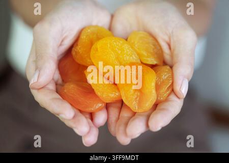 Albicocca essiccata. Primo piano di mani femminili che mostrano frutta essiccata di albicocca. Foto Stock