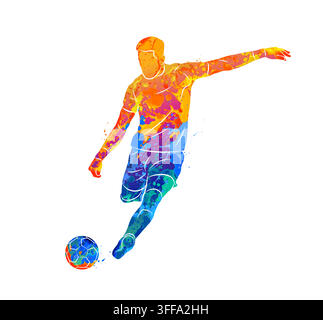 Giocatore di calcio astratto in azione che calcia un pallone isolato su sfondo bianco con schizzi di acquerelli Illustrazione Vettoriale