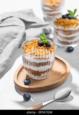 Trifle russo al miele Medovik a strati e decorato con mirtilli. Torte al miele e pan di spagna con panna acida. Concetto di dessert delizioso fatto in casa. Foto Stock