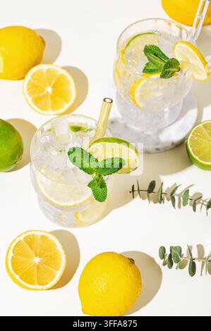 Mocktail mojito rinfrescante con limone, lime, menta e ghiaccio. Limonata agli agrumi su sfondo chiaro con frutta. Concetto estivo alla moda per bevande fredde. Top v Foto Stock