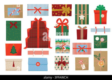 Regali di Natale. Scatole regalo nella carta da regalo con fiocchi di filo. Illustrazioni vettoriali piatte Illustrazione Vettoriale