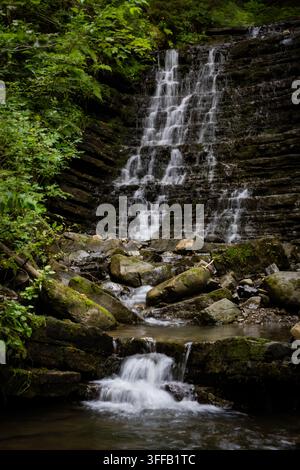 Cascata della foresta si stende su strati di roccia e precipita verso un ruscello tranquillo tra foglie verde brillante e pietre ricoperte di muschio che evocano un movimento calmo e il Foto Stock