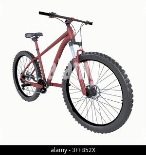 Render 3D di una mountain bike con telaio rosso e ruote grandi su sfondo neutro Foto Stock