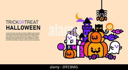 Banner per la celebrazione di Halloween trick or treat personaggi spettrali, jack o lantern, fantasmi giocosi e elementi di Halloween set decorativo linea piatta colorata Illustrazione Vettoriale