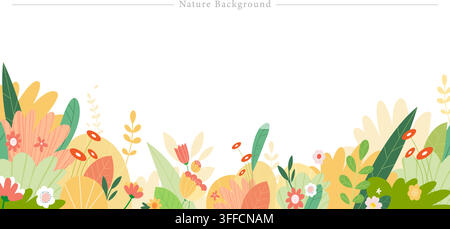 Illustrazione di banner sullo sfondo della natura colorata con fiori primaverili disegnati a mano, foglie verdi e bordo botanico su sfondo bianco isolato. Illustrazione Vettoriale