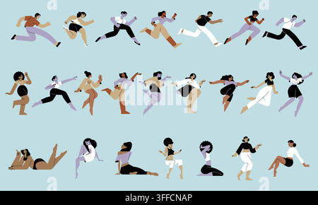 Set di vettori di persone diverse con personaggi che corrono, saltano, ballano e siedono in illustrazioni grafiche piatte moderne e attive su sfondo blu. Illustrazione Vettoriale