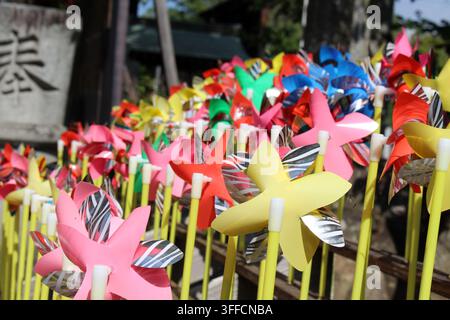 Disposizione di ruote a vento di plastica colorate su pali di plastica nel cortile del tempio Ichinomiya-ji, l’ottantatreesima tappa dello Shikoku Hen Foto Stock