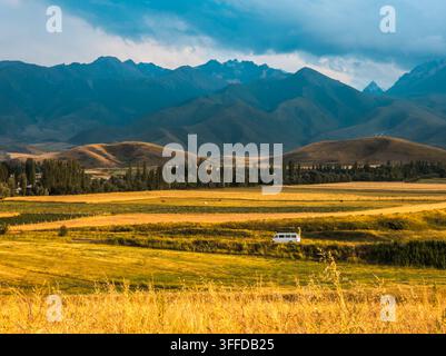 Ampio paesaggio rurale con colline ondulate e maestose catene montuose del Kirghizistan. Un furgone bianco procede lungo una strada sterrata, circondato da erbe dorate e campi coltivati. Foto Stock