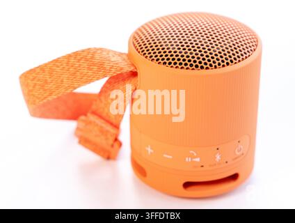 Un vivace altoparlante Bluetooth portatile arancione è su uno sfondo bianco Foto Stock
