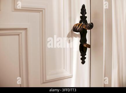 Primo piano di un'elegante maniglia della porta con finitura dorata su una porta in legno bianco, che evidenzia la lavorazione artigianale dettagliata e gli elementi di design Foto Stock