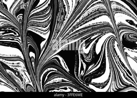 Modello astratto di marmorizzazione liquida in bianco e nero con dinamiche curve e texture di vernice fluide Foto Stock