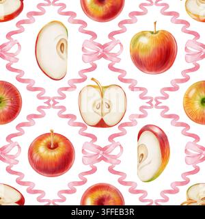 Motivo senza giunte in acquerello con composizioni di mele in cornici decorative a nastro ondulato. Design damascato botanico elegante per packaging di lusso, carta da parati Foto Stock