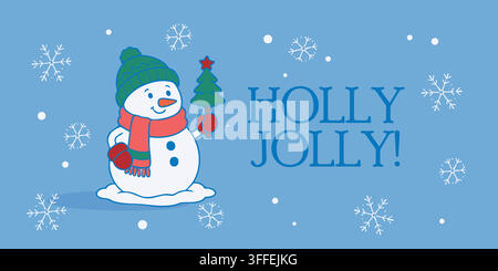 Simpatico biglietto di auguri di Natale con un allegro pupazzo di neve che tiene un piccolo albero di Natale, circondato da fiocchi di neve su uno sfondo invernale blu. Illustrazione Vettoriale