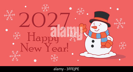 Biglietto di auguri per l'anno nuovo 2027 con un allegro pupazzo di neve che indossa un cilindro, una sciarpa e dei guanti, circondato da fiocchi di neve bianchi su uno sfondo rosso. Illustrazione Vettoriale