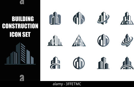 Una raccolta di dodici icone professionali per la costruzione ed il design architettonico con silhouette moderne di grattacieli in nero Illustrazione Vettoriale