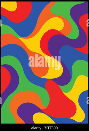 Uno sfondo astratto e vivace con forme liquide organiche e fluide in una tavolozza di colori arcobaleno con curve lisce e ondulate e colori audaci e saturi Illustrazione Vettoriale