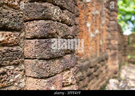Vista angolata di un muro di mattoni lateritici consumati con una texture porosa profonda che sfuma in un bokeh di foresta verde morbido Foto Stock