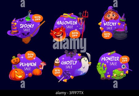 Banner di vendita Halloween con personaggi spaventosi in stile cartone animato. Vettore di strega carina, fantasma e mostri di zucca, caramelle di Halloween dolcetto o scherzetto, divertenti Illustrazione Vettoriale