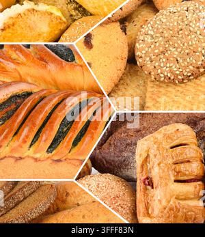 Collezione di prodotti da forno assortiti con panini dorati, biscotti croccanti e pasticcini alla frutta. Ideale per banner promozionali di supermercati, libri di ricette Foto Stock