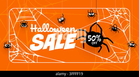 Banner di vendita Halloween con ragni appesi alla ragnatela, offerta promozionale di sconti per le feste horror vettoriale. Personaggi di ragni carini e spaventosi in stile cartone animato nel quadro o Illustrazione Vettoriale