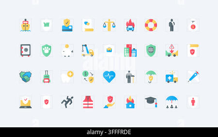 Simboli di protezione assicurativa che coprono salute, proprietà, viaggi, responsabilità civile, risparmi e supporto di emergenza per la pianificazione della sicurezza e la gestione del rischio. Illustrazione vettoriale di set di icone piatte Illustrazione Vettoriale
