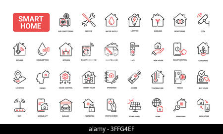 Simboli per l'automazione della casa intelligente che mostrano controllo domestico connesso, sicurezza, energia, elettrodomestici e monitoraggio per sistemi di vita digitali, set di icone lineari rosso e nero, illustrazione vettoriale Illustrazione Vettoriale