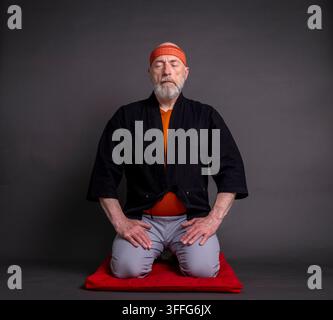 Ritratto di un uomo anziano calvo e barbuto che indossa un kimono corto e siede in posizione seiza tradizionale giapponese su un cuscino, in contemplazione, m Foto Stock