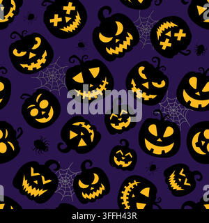 Motivo vettoriale senza cuciture per il design Halloween. Simboli di Halloween: Zucca, ragno in stile cartoni animati. Illustrazione vettoriale Illustrazione Vettoriale