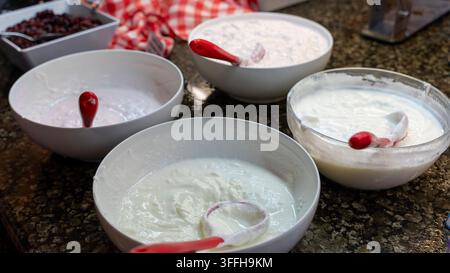 Ciotole di yogurt cremoso disposte su un buffet della colazione in hotel, con cucchiai da servizio e bacche essiccate sullo sfondo. Foto Stock
