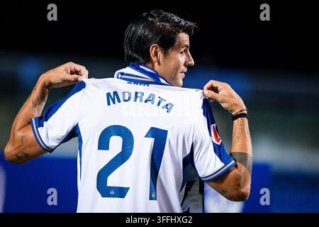 Álvaro Morata alla presentazione come nuovo giocatore del CD Leganés. Álvaro Morata durante la sua presentazione come nuovo giocatore del CD Leganés all'Estadio Ontime Butarque il Augu Foto Stock