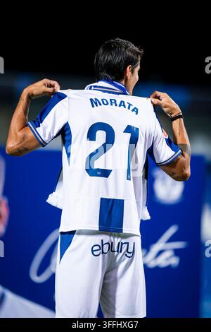 Álvaro Morata alla presentazione come nuovo giocatore del CD Leganés. Álvaro Morata durante la sua presentazione come nuovo giocatore del CD Leganés all'Estadio Ontime Butarque il Augu Foto Stock