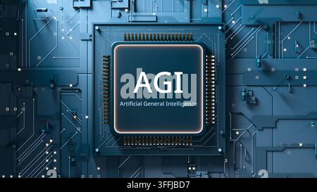 Processore AGI mette in risalto la tecnologia di Intelligenza Generale Artificiale. Render 3D Foto Stock