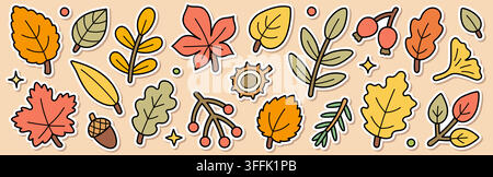 Set di adesivi Foglie d'autunno. Acero, quercia, ginkgo, eucalipto, salice, faggio, olmo, sorbo e rosa canina illustrazione vettoriale colorata a doodle. Carino stagionale Illustrazione Vettoriale