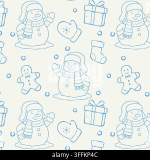 Sfondo per le vacanze invernali con pupazzi di neve sorridenti, guanti accoglienti, calze, regali incartati e biscotti di zenzero disegnati con contorni blu morbidi. Illustrazione Vettoriale
