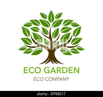 Icona Eco Garden con pianta arborea verde con foglie e tronco marrone robusto. Emblema da giardino del parco e della foresta per aziende ecologiche, conservazione della natura e sostenibilità Illustrazione Vettoriale