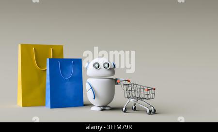 Robot di shopping AI che spinge un carrello accanto a borse colorate. Render 3d Foto Stock