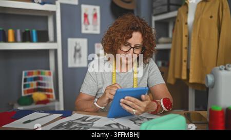 Sarta donna che picchietta un tablet con le mani visibili, metro intorno al collo e cuscino per spilli al polso in uno studio di cucito con manichino e filo Foto Stock
