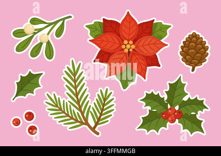 Bellissimo pacchetto di adesivi vettoriali floreali natalizi disegnati a mano. Splendido stile piatto con etichette di vischio, poinsettia, agrifoglio e abete con tratto bianco isolato su p Illustrazione Vettoriale