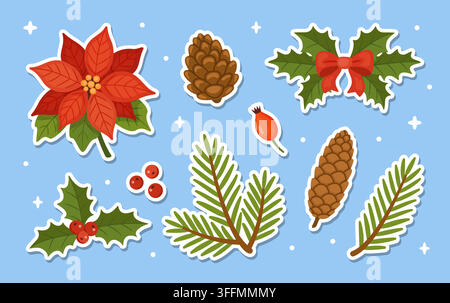 Eccellente pacchetto di adesivi vettoriali floreali natalizi disegnati a mano. Meravigliose etichette piatte di poinsettia, agrifoglio e pigne con tratto bianco isolate su blu Illustrazione Vettoriale