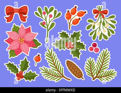 Magnifico pacchetto di adesivi vettoriali floreali natalizi disegnati a mano. Meravigliose etichette in stile piatto rosa con poinsettia, vischio, agrifoglio e pigne con tratto bianco Illustrazione Vettoriale