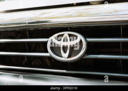 Kemptthal, Zurigo, Svizzera, 6 settembre 2026. Primo piano dell'emblema cromato Toyota attaccato alla griglia anteriore a lamelle nera di un Foto Stock