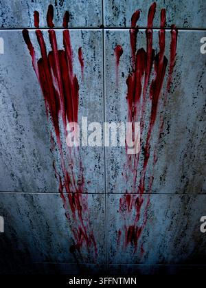 Traccia di impronte insanguinate sbavate su un muro piastrellato Foto Stock
