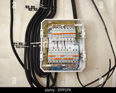 Kirov, Russia - 11 maggio 2026: Vista frontale di un quadro elettrico residenziale con file di interruttori automatici, cavi neutri blu, cavi di messa a terra giallo-verde Foto Stock