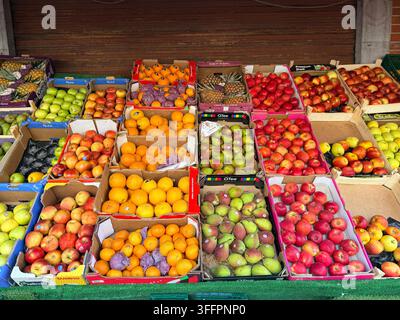 Esposizione colorata di frutta fresca fuori da una fruttaria a Bruxelles, Belgio Foto Stock