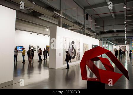 Visitatori che osservano opere d'arte durante una mostra allo Istanbul Modern Museum of Modern Art a Karaköy, Istanbul, Turchia, il 22 ottobre 2015 Foto Stock